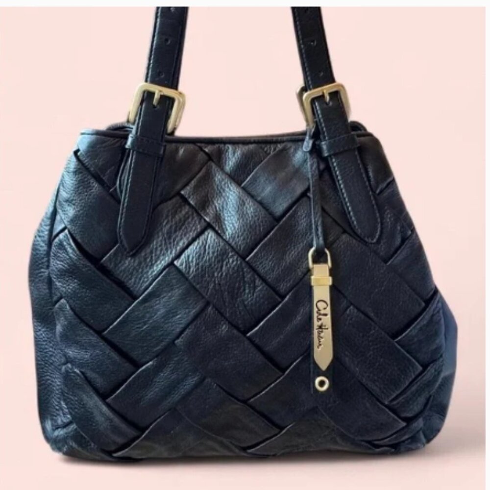 Cole Haan Woven leather shoulder bag in black with gold hardware